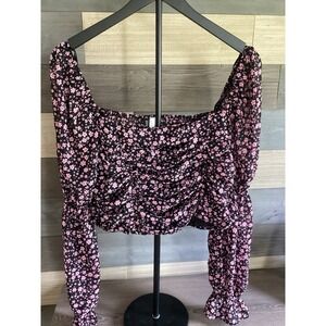 H&M Divided Black Floral Print Large Crop Top Whirred Details & Long Puff Sleeve